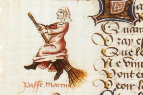 Première représentation du vol d'une sorcière sur un balai, dans Le Champion des dames, Martin Le Franc, 1451